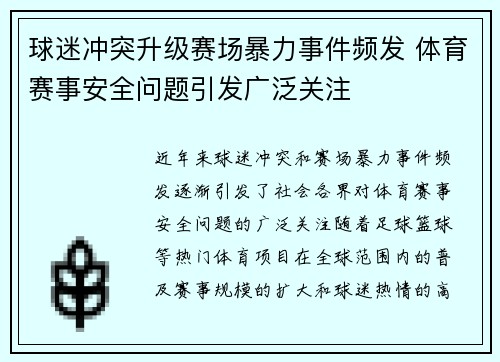 球迷冲突升级赛场暴力事件频发 体育赛事安全问题引发广泛关注