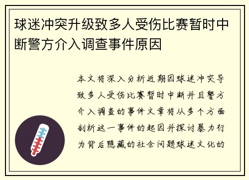 球迷冲突升级致多人受伤比赛暂时中断警方介入调查事件原因
