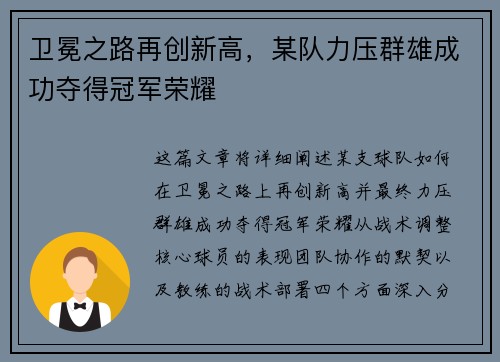 卫冕之路再创新高，某队力压群雄成功夺得冠军荣耀